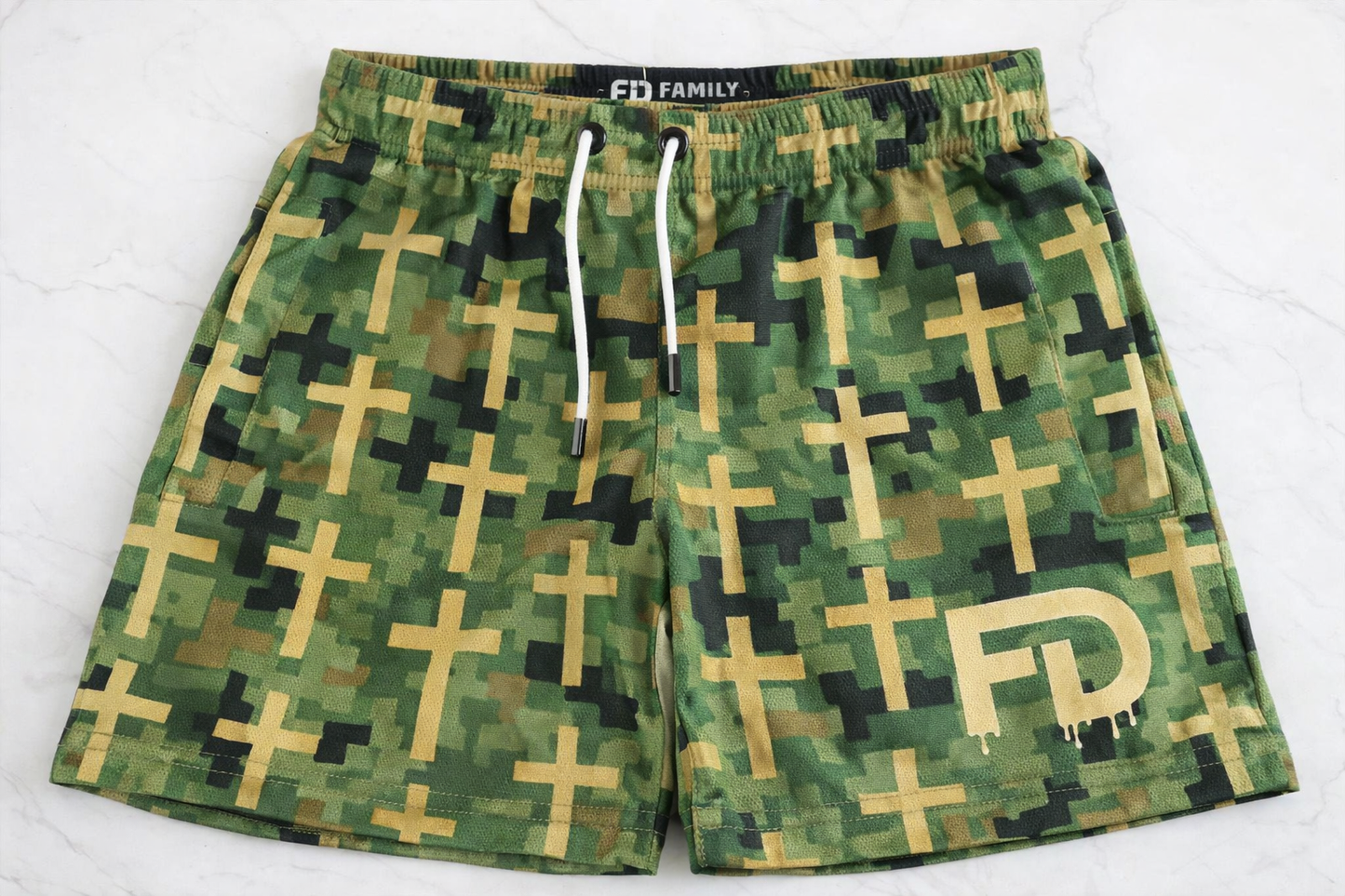 FD Iron Faith Camo Drip Shorts – 5” Inseam